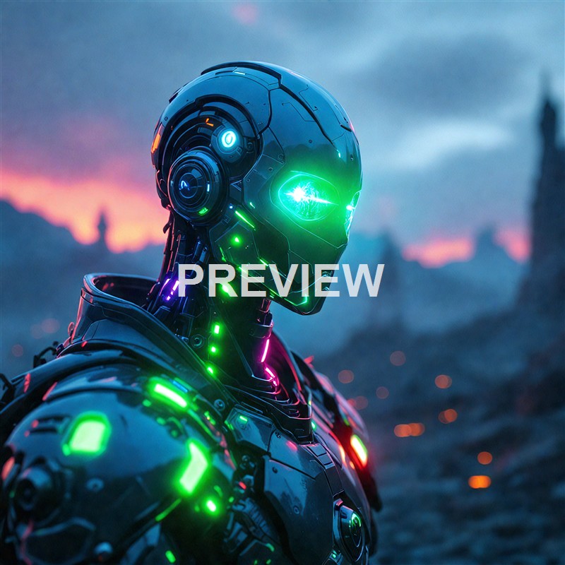 A highly detailed humanoid robot with glowing green and blue lights on its face and body, set against a moody, dark landscape with a pinkish-purple sunset in the background.